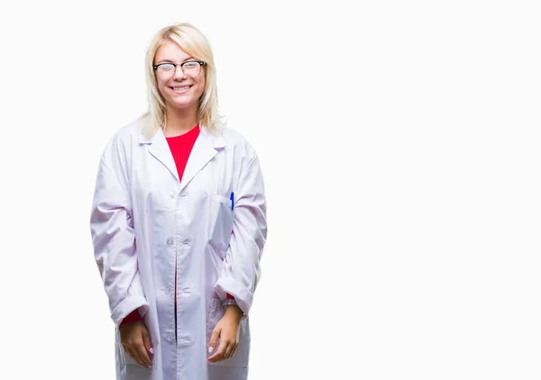 Young Beautiful Blonde Professional Woman Wearing White Coat Isolated Background — Stock Photo, Image