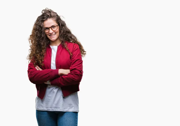 Mooie Brunette Krullend Haar Jong Meisje Jas Bril Dragen Geïsoleerde — Stockfoto