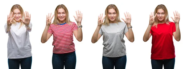 Collage Einer Jungen Schönen Blonden Frau Die Ein Shirt Über — Stockfoto