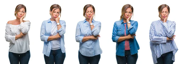 Collage Mujer Hispana Mediana Edad Sobre Fondo Aislado Pensando Que — Foto de Stock