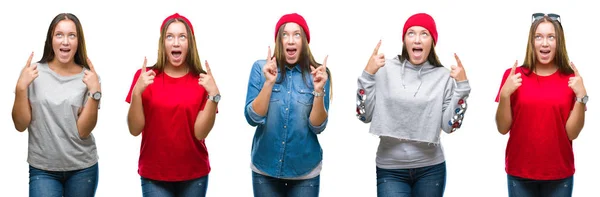 Collage Van Jonge Mooie Brunette Meisje Witte Geïsoleerde Achtergrond Verbaasd — Stockfoto