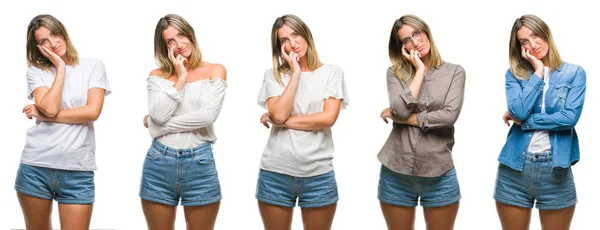 Collage Einer Blonden Schönen Frau Lässigem Look Über Weißem Isoliertem — Stockfoto