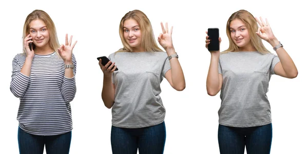Colagem Jovem Bela Mulher Negócios Loira Usando Smartphone Sobre Backgroud — Fotografia de Stock