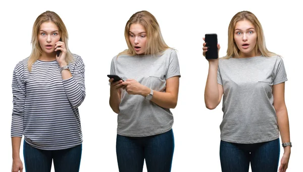 Genç Güzel Sarışın Kadını Smartphone Üzerinde Beyaz Kullanarak Kolaj Kağıt — Stok fotoğraf
