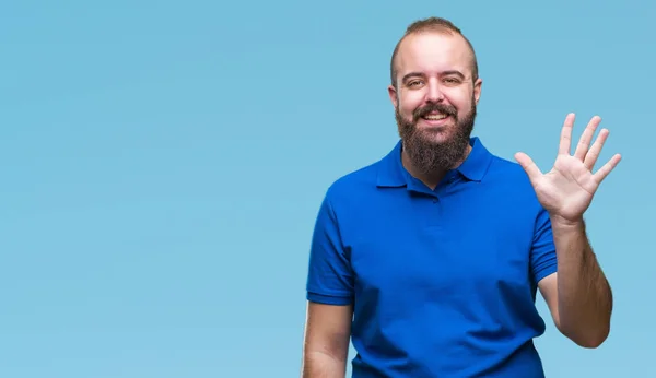 Jovem Caucasiano Hipster Homem Vestindo Camisa Azul Sobre Fundo Isolado — Fotografia de Stock