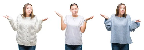 Collage Giovane Bella Ragazza Che Indossa Maglione Invernale Sfondo Bianco — Foto Stock