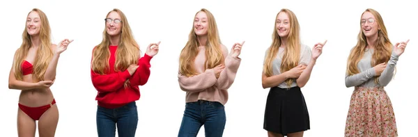 Colagem Jovem Loira Sobre Fundo Isolado Branco Com Grande Sorriso — Fotografia de Stock