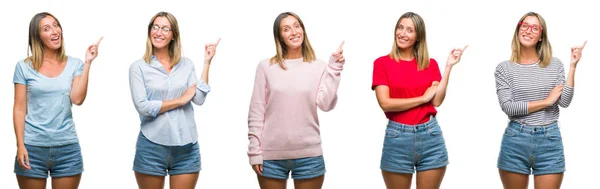 Collage Blond Vacker Kvinna Klädd Avslappnad Look Över Vita Isolerade — Stockfoto