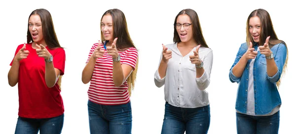 Colagem Menina Bonita Jovem Sobre Fundo Isolado Branco Apontando Dedos — Fotografia de Stock