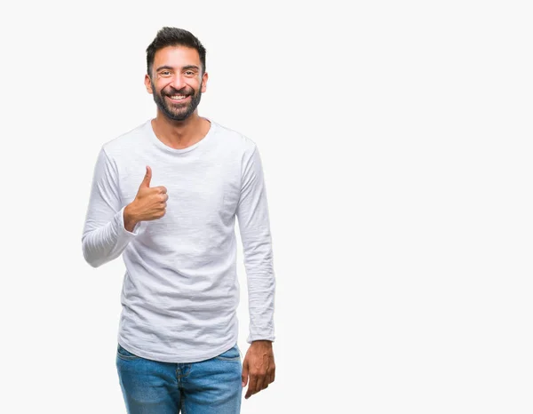 Adult Hispanic Man Isolated Background Doing Happy Thumbs Gesture Hand — Stock Photo, Image