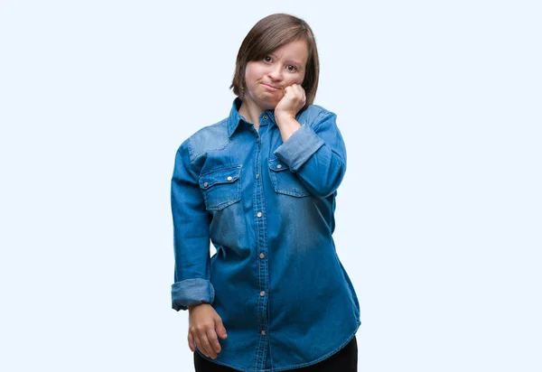 Młoda Kobieta Dorosłych Zespołem Downa Białym Tle Patrząc Zestresowany Zdenerwowany — Zdjęcie stockowe