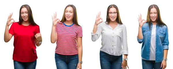 Collage Joven Hermosa Chica Sobre Fondo Blanco Aislado Sonriendo Positiva —  Fotos de Stock