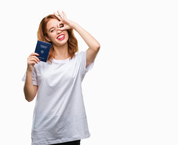 Jovem Bela Mulher Segurando Passaporte Alemanha Sobre Fundo Isolado Com — Fotografia de Stock
