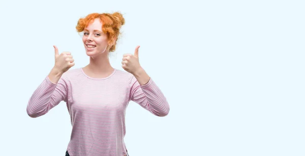 Jonge Roodharige Vrouw Succes Teken Doen Positief Gebaar Met Hand — Stockfoto