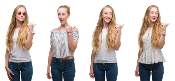 Collage Young Blonde Girl White Isolated Background Pointing Showing Thumb — Stock Photo, Image