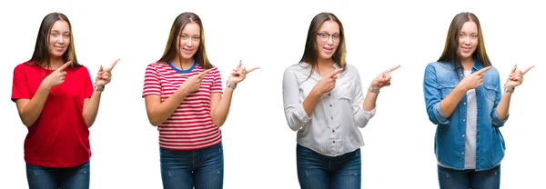 Colagem Menina Bonita Jovem Sobre Fundo Isolado Branco Sorrindo Olhando — Fotografia de Stock