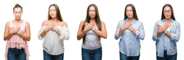 Collage Ung Vacker Brunett Flicka Över Vit Isolerade Bakgrund Leende — Stockfoto