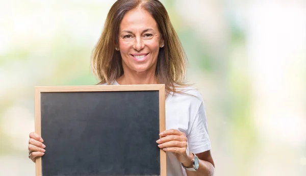 Donna Ispanica Mezza Età Che Tiene Lavagna Sfondo Isolato Con — Foto Stock