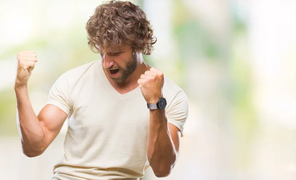 Bello Ispanico Modello Uomo Sfondo Isolato Molto Felice Eccitato Facendo — Foto Stock