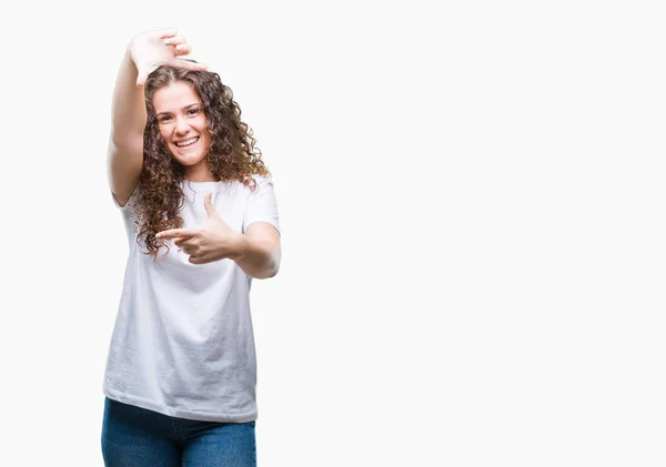 Schöne Brünette Lockige Haare Junge Mädchen Trägt Lässiges Shirt Über — Stockfoto