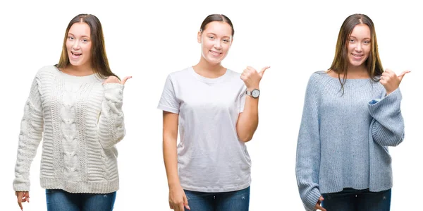 Collage Von Jungen Schönen Mädchen Die Winterpullover Über Weißem Isoliertem — Stockfoto