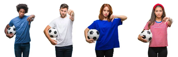 Colagem Pessoas Segurando Bola Futebol Sobre Fundo Isolado Com Rosto — Fotografia de Stock