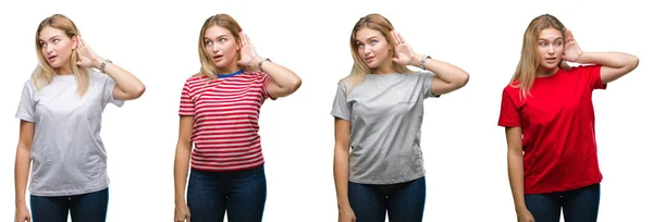 Collage Unga Vackra Blonda Kvinnan Bär Shirt Över Vita Isolerade — Stockfoto