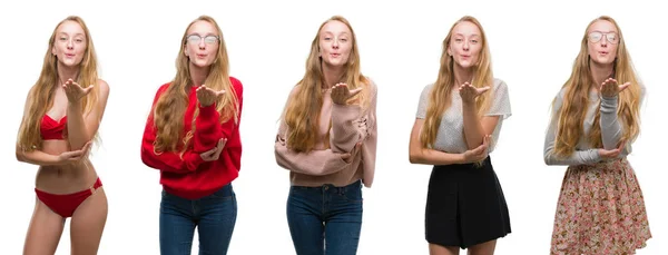 Collage Ung Blond Tjej Över Vita Isolerade Bakgrunden Tittar Kameran — Stockfoto