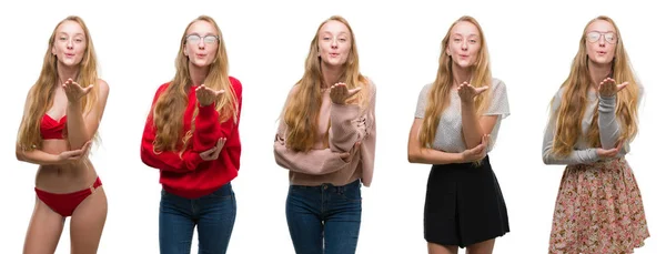 Collage Eines Jungen Blonden Mädchens Auf Weißem Isoliertem Hintergrund Das — Stockfoto