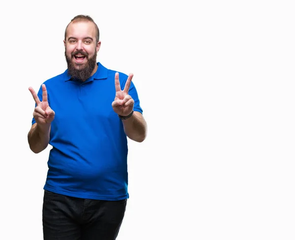 Hipster 손가락 기호를 보여주는 카메라를 파란색 셔츠를 — 스톡 사진
