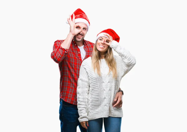 Gülümseyen Jest Yapıyor Izole Arka Plan Üzerinde Noel Şapka Aşık — Stok fotoğraf