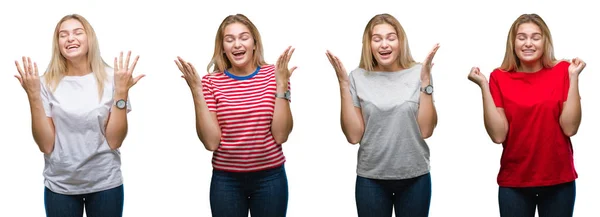 Collage Van Jonge Mooie Blonde Vrouw Met Een Shirt Witte — Stockfoto