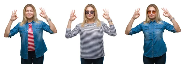 Collage Van Jonge Mooie Blonde Vrouw Zonnebril Dragen Witte Geïsoleerde — Stockfoto