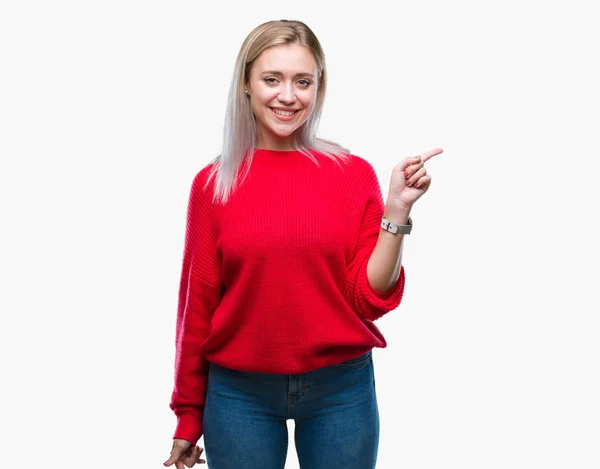 Young Blonde Woman Wearing Winter Sweater Isolated Background Big Smile — Stock Photo, Image