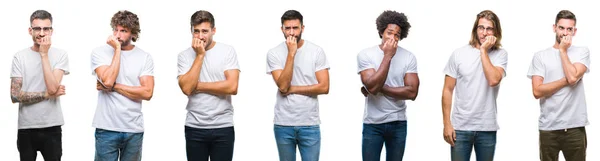 Colagem Jovens Caucasianos Hispânicos Afro Homens Vestindo Shirt Branca Sobre — Fotografia de Stock