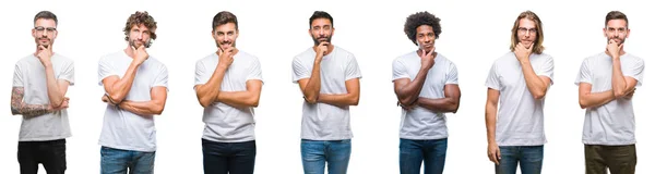 Collage Jóvenes Caucásicos Hispanos Afro Hombres Con Camiseta Blanca Sobre —  Fotos de Stock