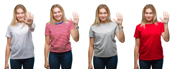 白い分離背景表示と指で上向きに シャツを着て美しい金髪女性のコラージュ数は自信を持って 幸せな笑みを浮かべている間 — ストック写真