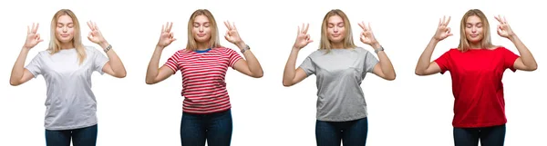 Collage Unga Vackra Blonda Kvinnan Bär Shirt Över Vita Isolerade — Stockfoto