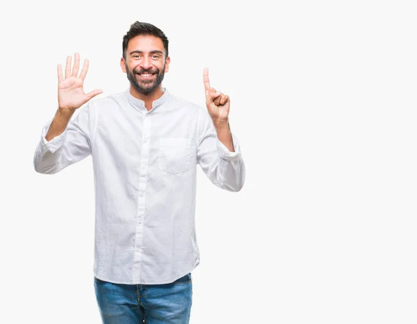 Erwachsener Hispanischer Mann Über Isoliertem Hintergrund Der Mit Finger Nummer — Stockfoto