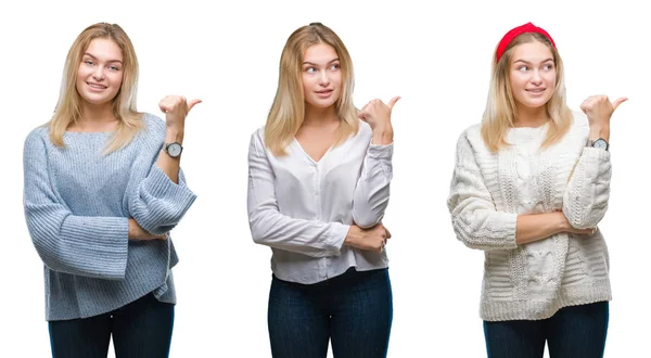 Collage Joven Hermosa Mujer Rubia Sobre Fondo Blanco Aislado Sonriendo —  Fotos de Stock