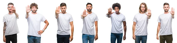 Colagem Jovens Caucasianos Hispânicos Afro Homens Vestindo Shirt Branca Sobre — Fotografia de Stock