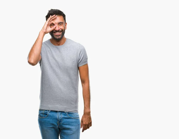 Adult Hispanic Man Isolated Background Doing Gesture Hand Smiling Eye — Stock Photo, Image