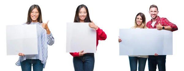 Collage Chinese Hispanish People Holding Banner Isolated Background Happy Big — Stock Photo, Image