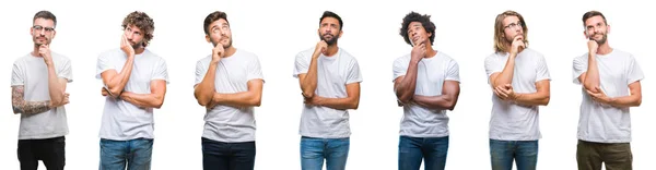 Collage Unga Kaukasiska Spansktalande Afro Män Bär Vit Shirt Över — Stockfoto