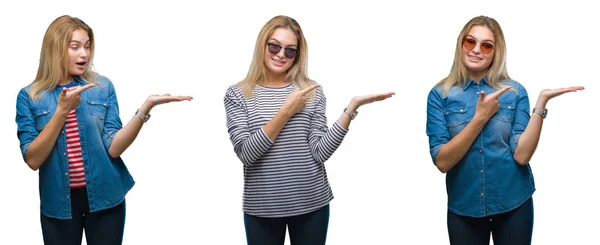 Collage Joven Hermosa Mujer Rubia Con Gafas Sol Sobre Fondo — Foto de Stock