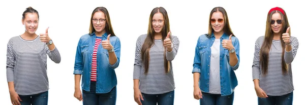 Colagem Jovem Bela Menina Morena Sobre Fundo Isolado Branco Fazendo — Fotografia de Stock