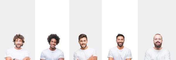 Collage Jóvenes Caucásicos Hispanos Afro Hombres Con Camiseta Blanca Sobre —  Fotos de Stock