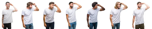 Collage Jóvenes Caucásicos Hispanos Afro Hombres Con Camiseta Blanca Sobre —  Fotos de Stock