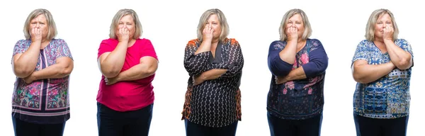 Collage Anziana Donna Grassa Sfondo Isolato Cercando Stressato Nervoso Con — Foto Stock