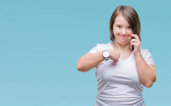 Mujer Adulta Joven Con Síndrome Tomando Uso Teléfono Inteligente Sobre — Foto de Stock